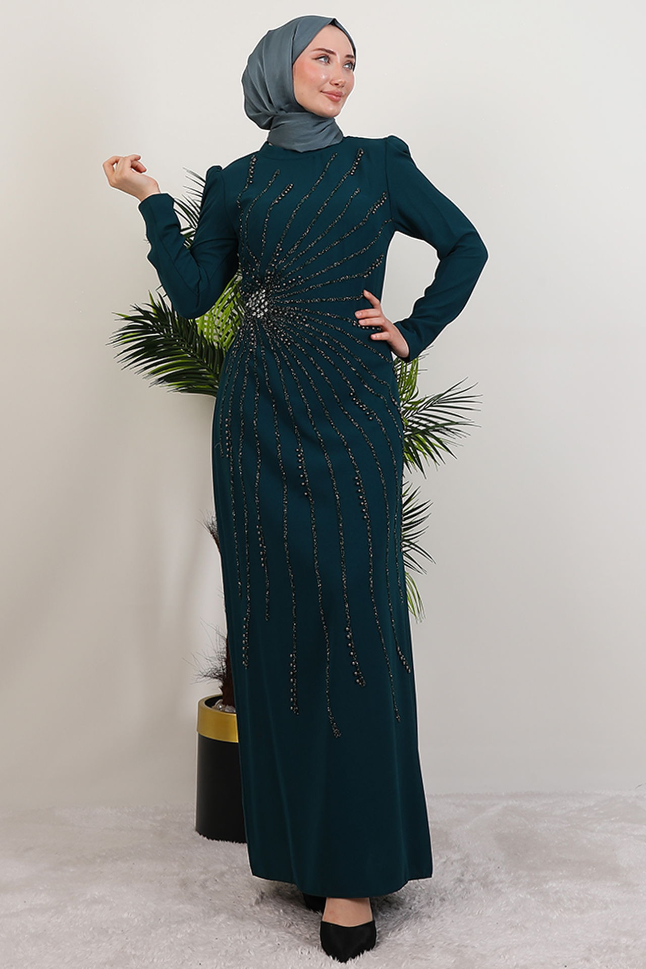 Elçin Taşlı Elbise Zümrüt 