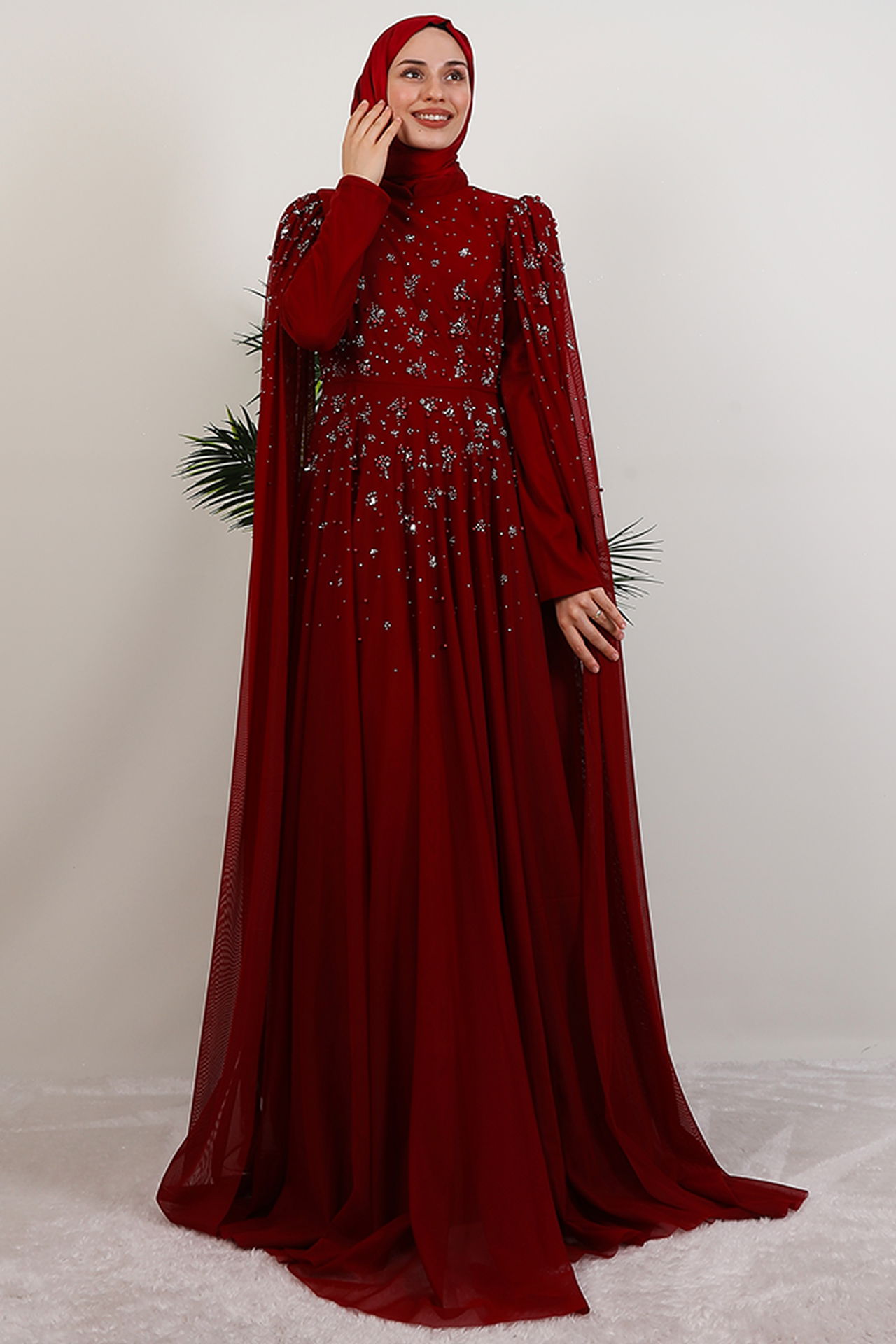 Mina Boncuklu Abiye Bordo 